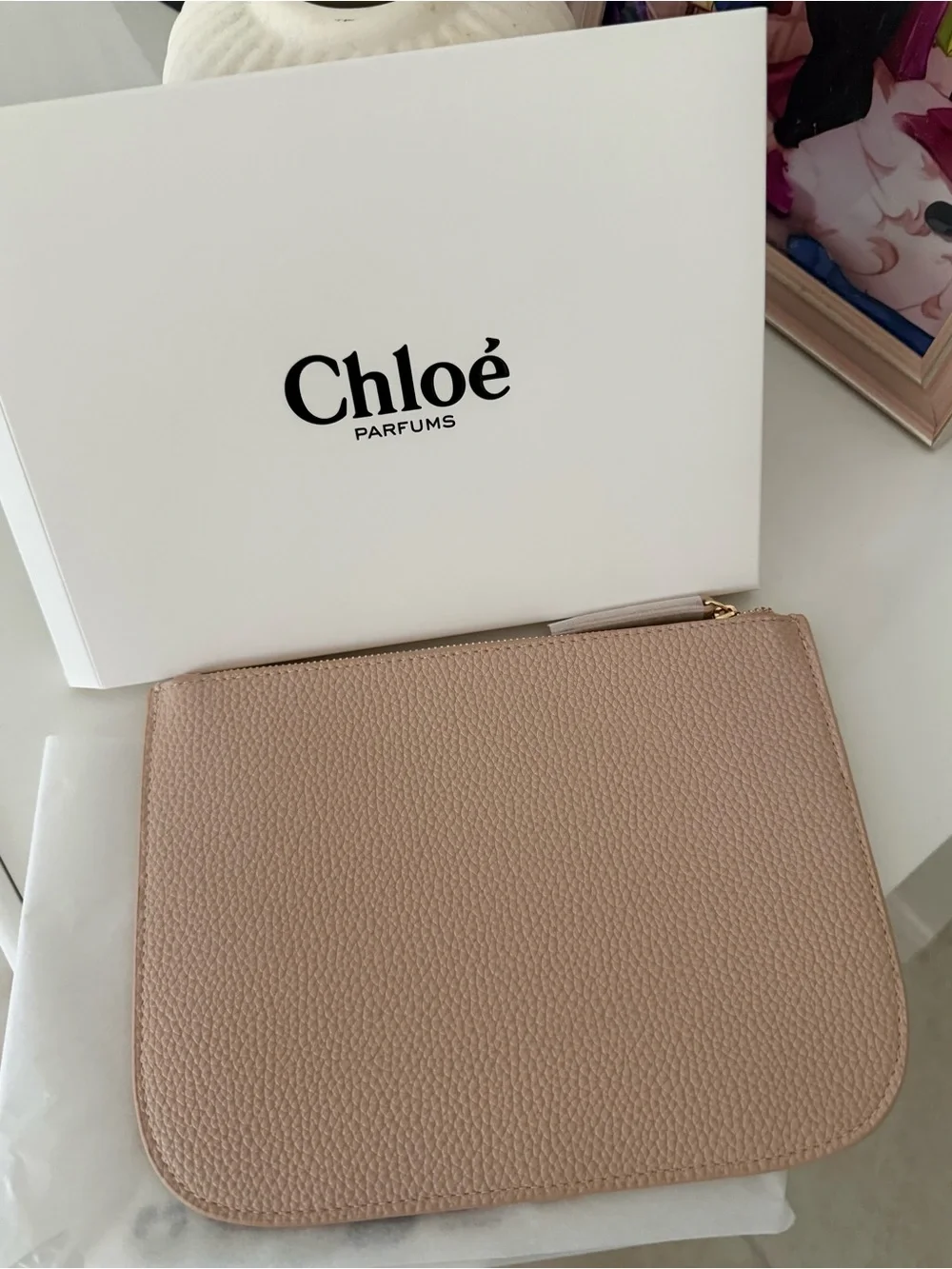 Chloé Taupe Pebbled Leather Studded Zip Pouch